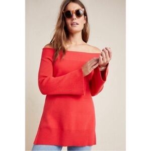 ANTHROPOLOGIE Red Elise Ribbed Tunic Off-Shoulder Sweater - S
